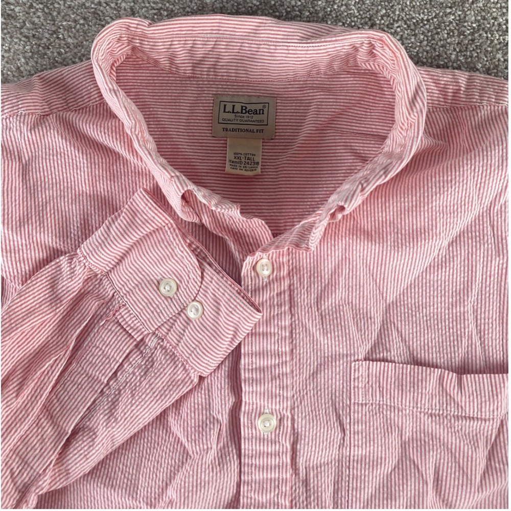 LL Bean Seersucker Shirt Mens XXL Tall Red White Stripe Button Down 242318